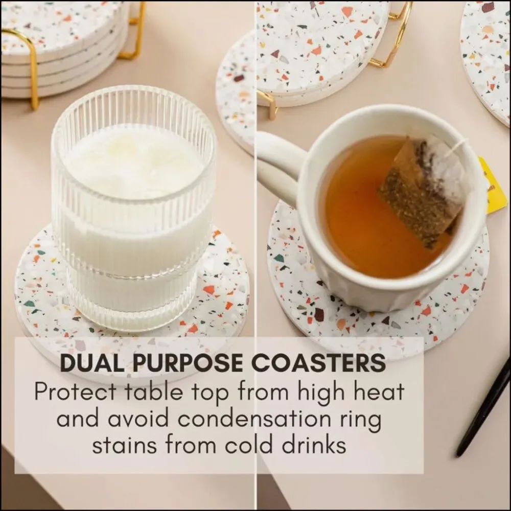 NIB Terrazzo Drink Absorbent Coasters with Holder Set of 6, Ceramic Coasters